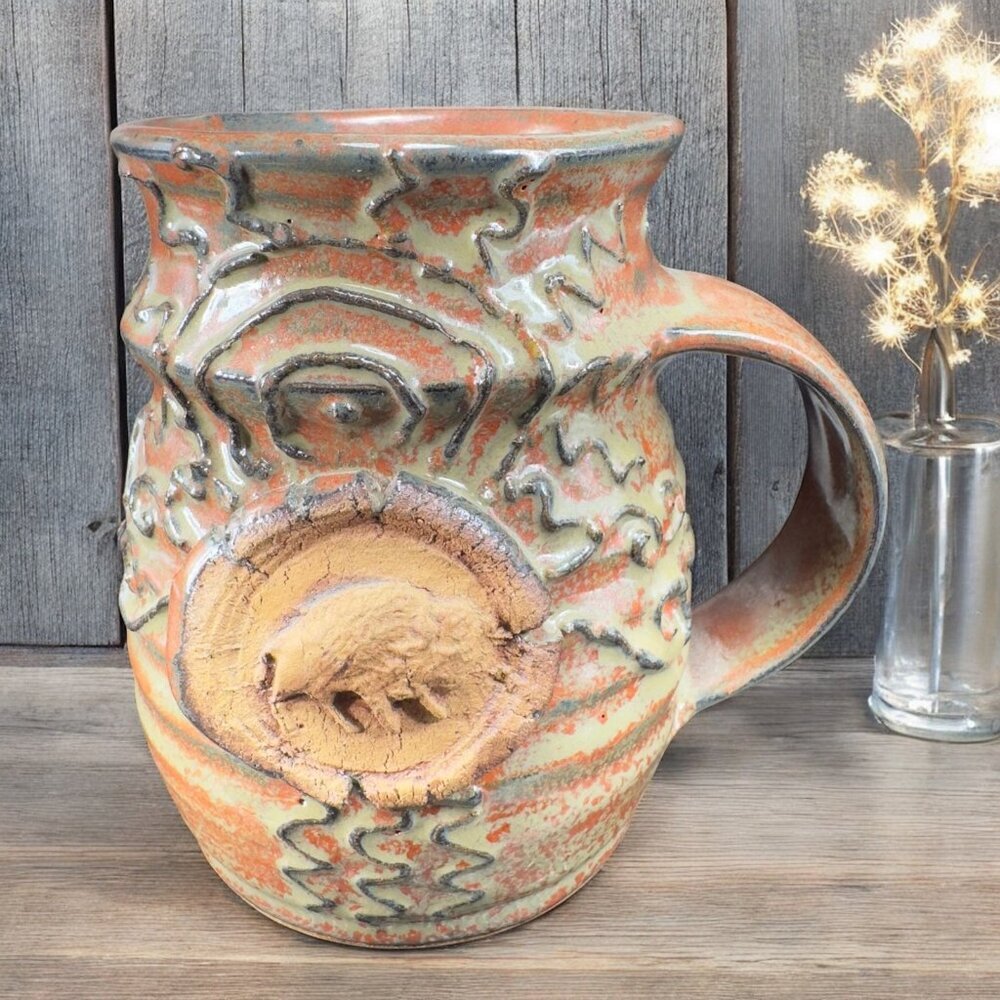 1991 Hand‎ Made Stoneware Pottery Coffee Mug Cup Signed With Buffalo Medallion